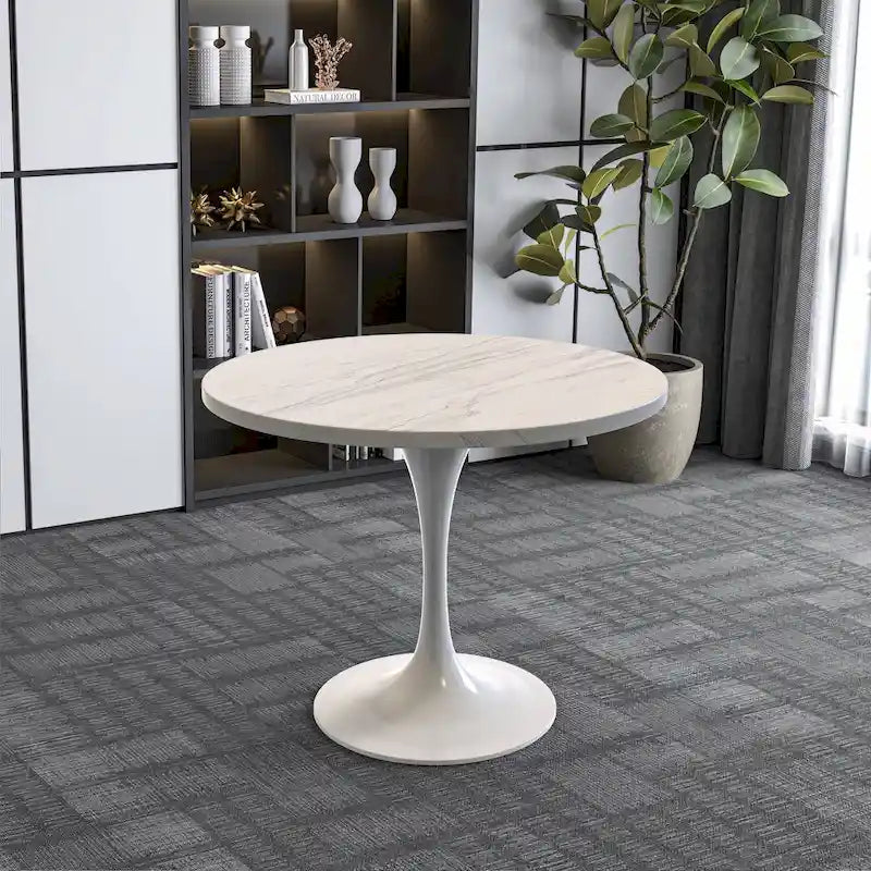 Table de salle à manger ronde avec plateau en résine blanche et piètement en acier blanc pour cuisine et salle à manger