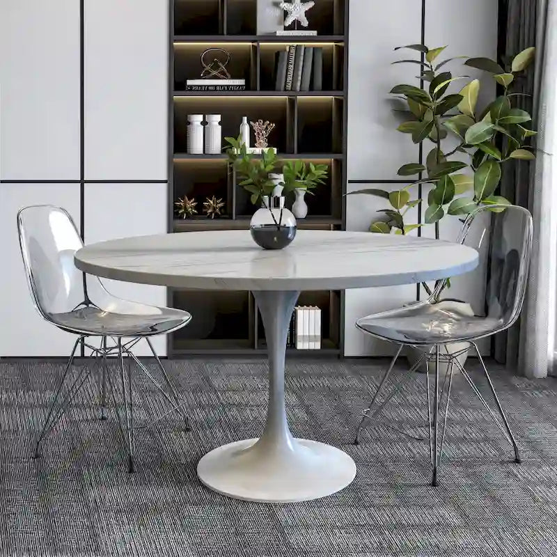 Table de salle à manger ronde avec plateau en résine blanche et piètement en acier blanc pour cuisine et salle à manger