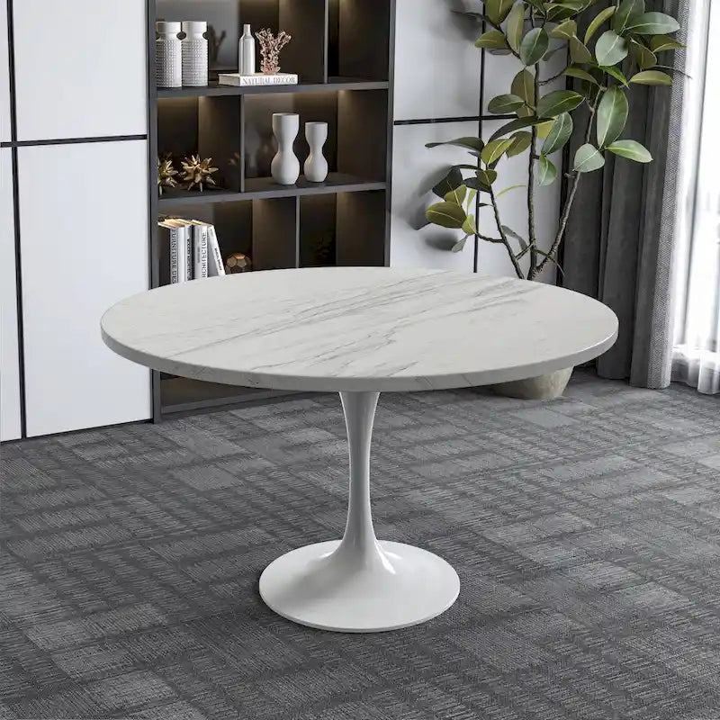 Table de salle à manger ronde avec plateau en résine blanche et piètement en acier blanc pour cuisine et salle à manger