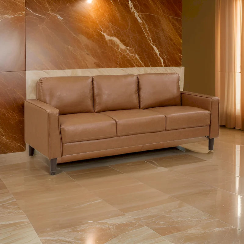 Stark 77 Inch Sofa, Brown Faux Leather, Track Style Arms, Solid Wood Frame